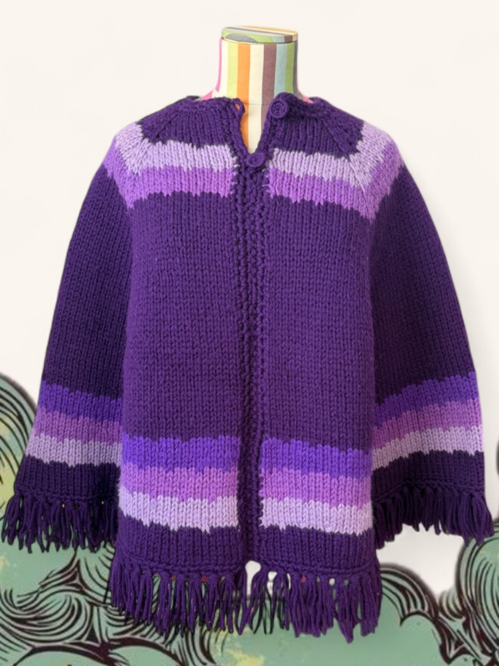 Handmade Knit Purple Poncho Stripes Fringe